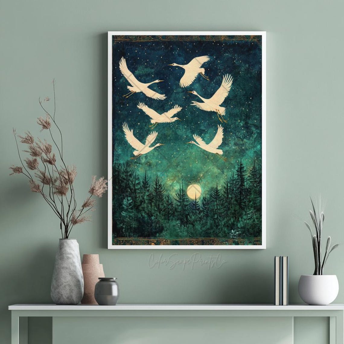 Seven White Cranes Flying Over Moonlit Pine Forest Night Poster - Image 4