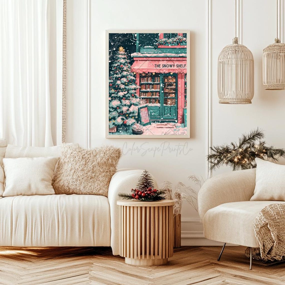 The Snowy Shelf Pink Bookstore Christmas Night Bookshop Poster - Image 2