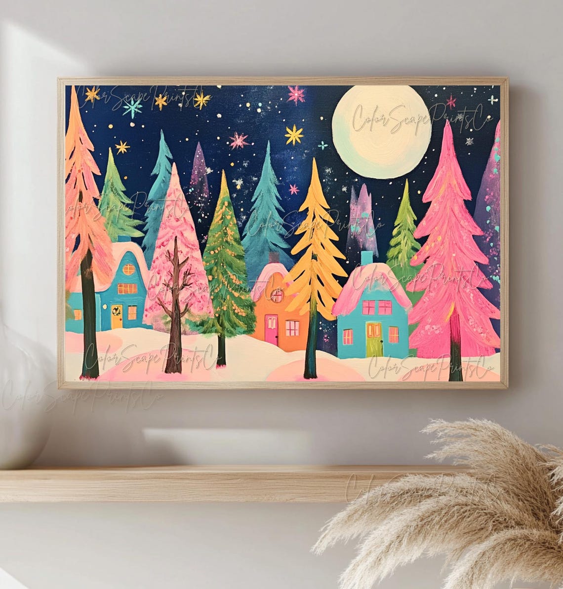 Whimsical Rainbow Christmas Trees Night Village Scene Poster - Image 2