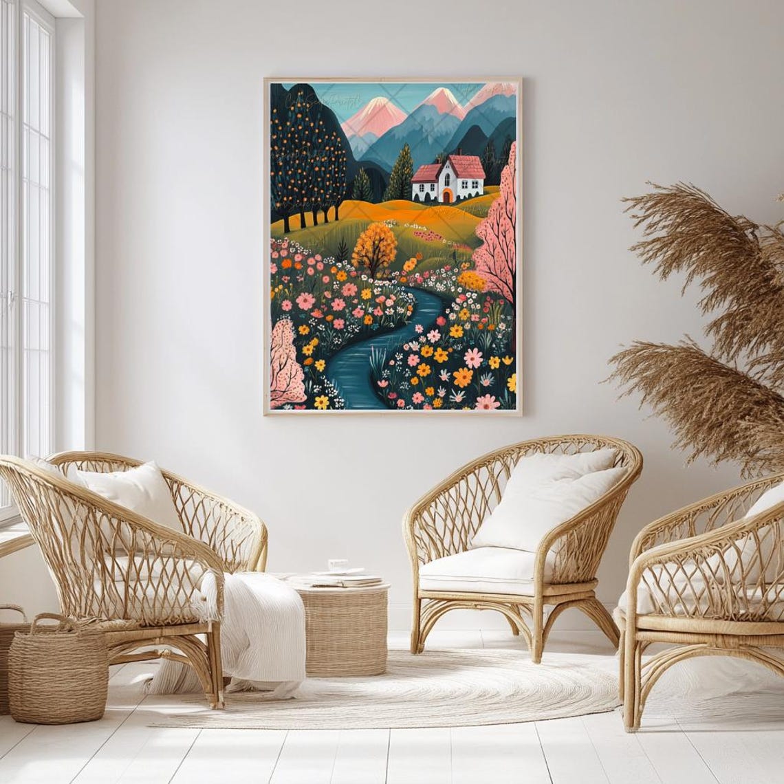 Whimsical Cottage Garden River Mountains Folk Art Landscape Poster - Image 2