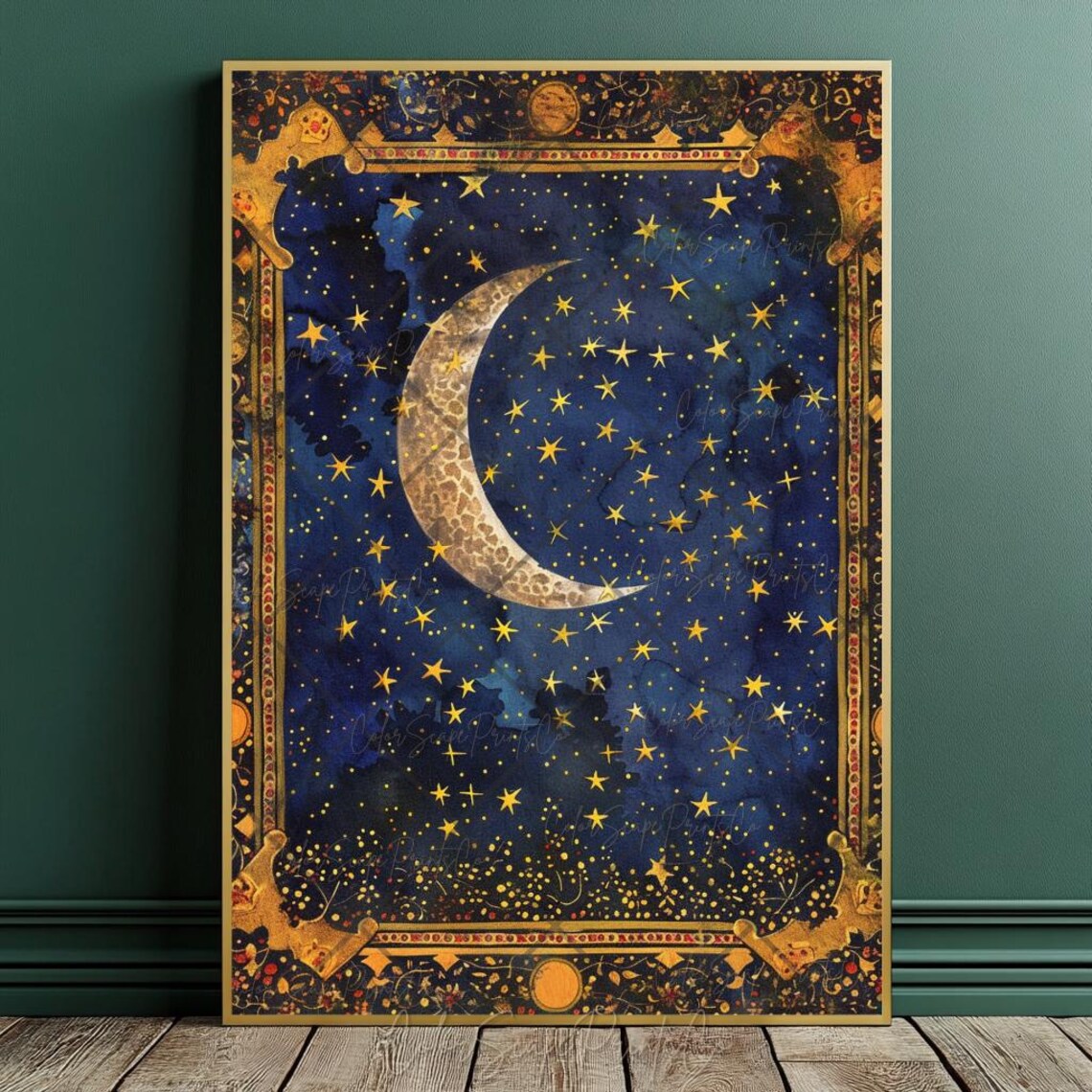 Moon And Stars Vintage Night Sky Art Print - Image 2