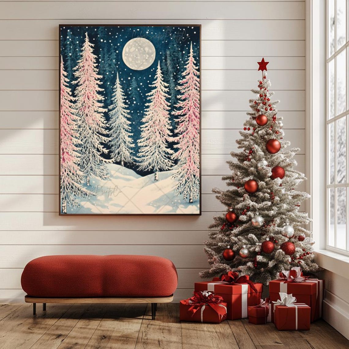 Starry Navy Night Sky Over Frosted Pink Pine Trees Moon Art Poster - Image 4