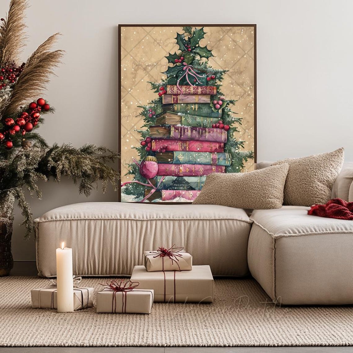 Book Stack Christmas Tree Vintage Books Holiday Booklover Wall Art - Image 3