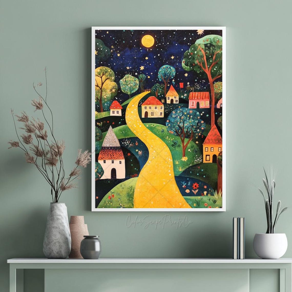 Colorful Houses Print Night Landscape Painting Mountain Scenery Whimsical Landscape Night Village Painting Colorful Wall Art Moon And Stars - Image 3