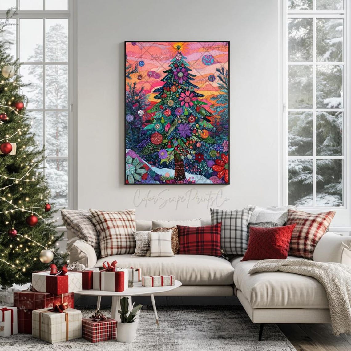 Tropical Floral Christmas Tree Sunset Sky Whimsical Holiday Poster - Image 2