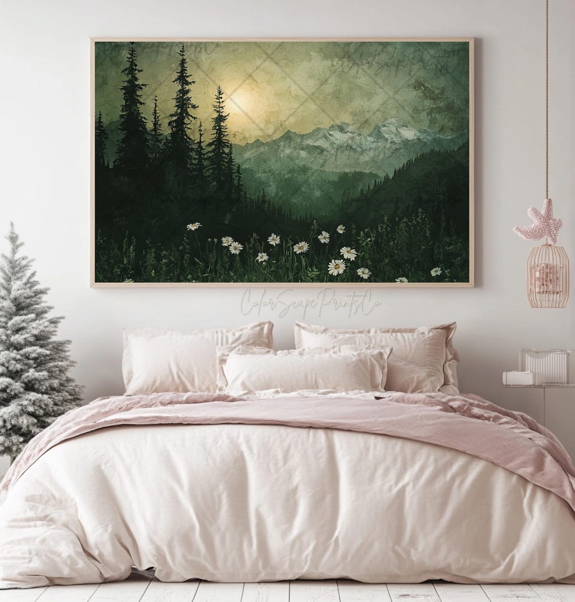 Moonlit Pine Forest Night Daisies Moody Green Landscape Poster - Image 4