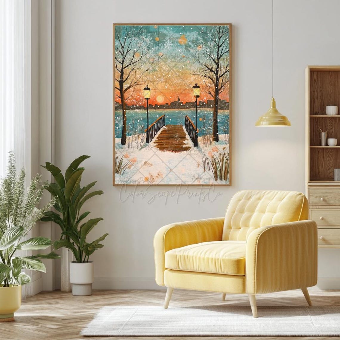 Snowy Winter Print Winter Sunset Painting Snowy Bridge Print Snowy Landscape Print Holiday Wall Art Cozy Winter Scene Winter Wonderland Art - Image 2