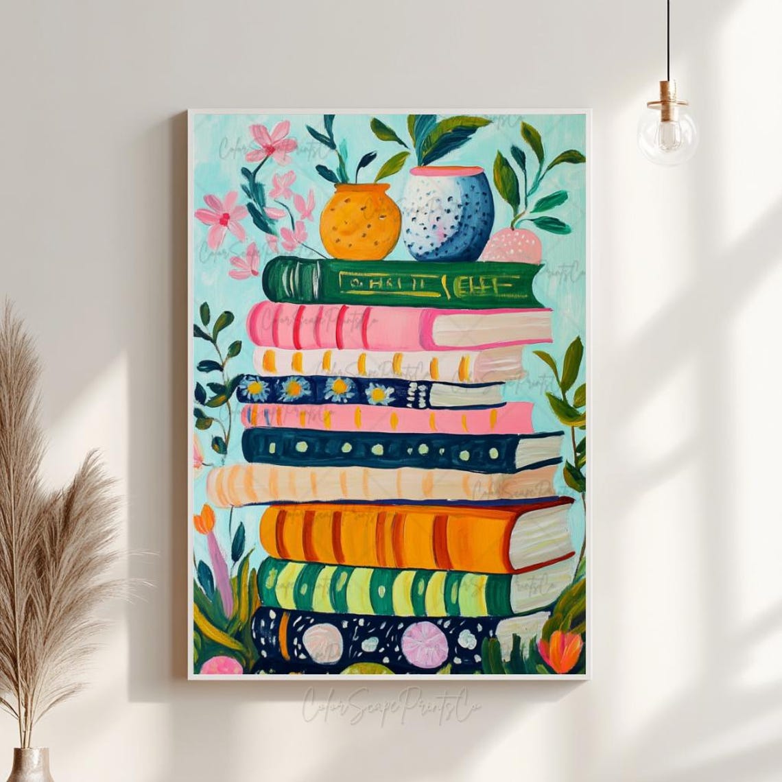 Pastel Book Stack Wall Art Colorful Floral Bookshelf Reading Decor - Image 3
