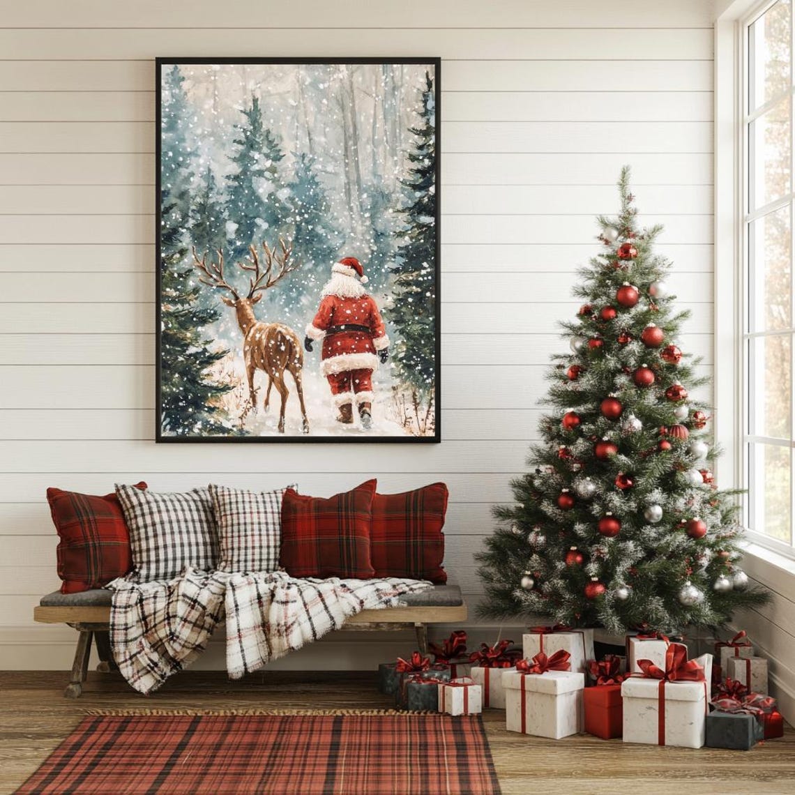 Santa Claus Walking with Reindeer Snowy Forest Watercolor Poster - Image 3