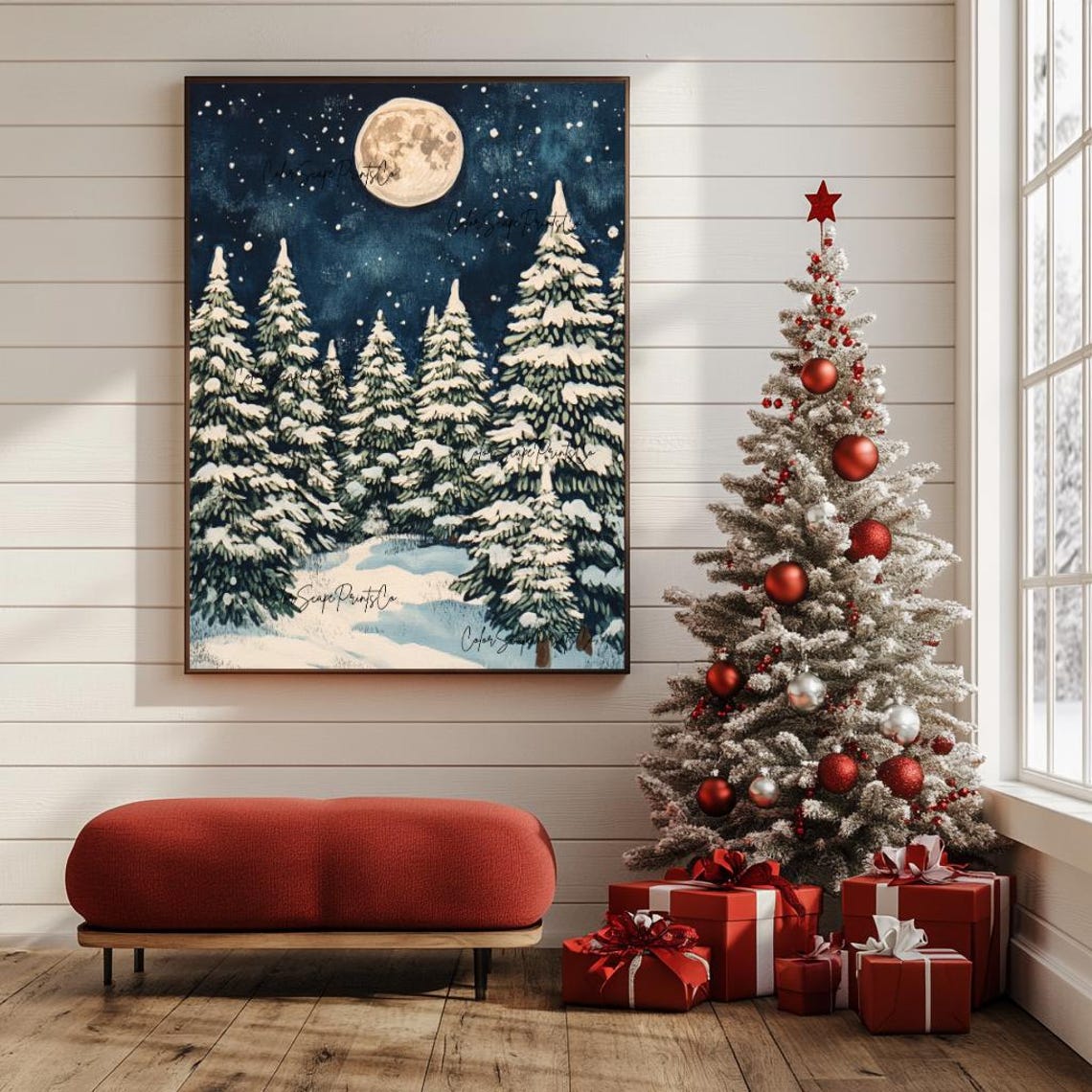 Snowy Evergreen Forest Under Full Moon Starry Night Painting Poster - Image 4