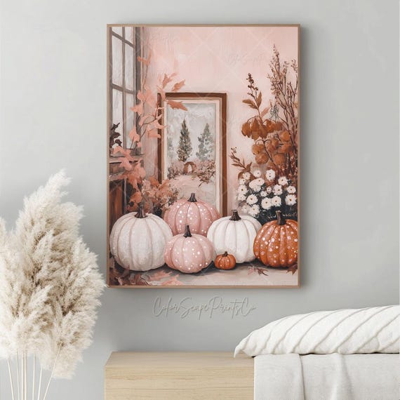 Pink Fall Art Cozy Autumn Cottage Wall Disco Ball Pumpkin Print Modern Farmhouse