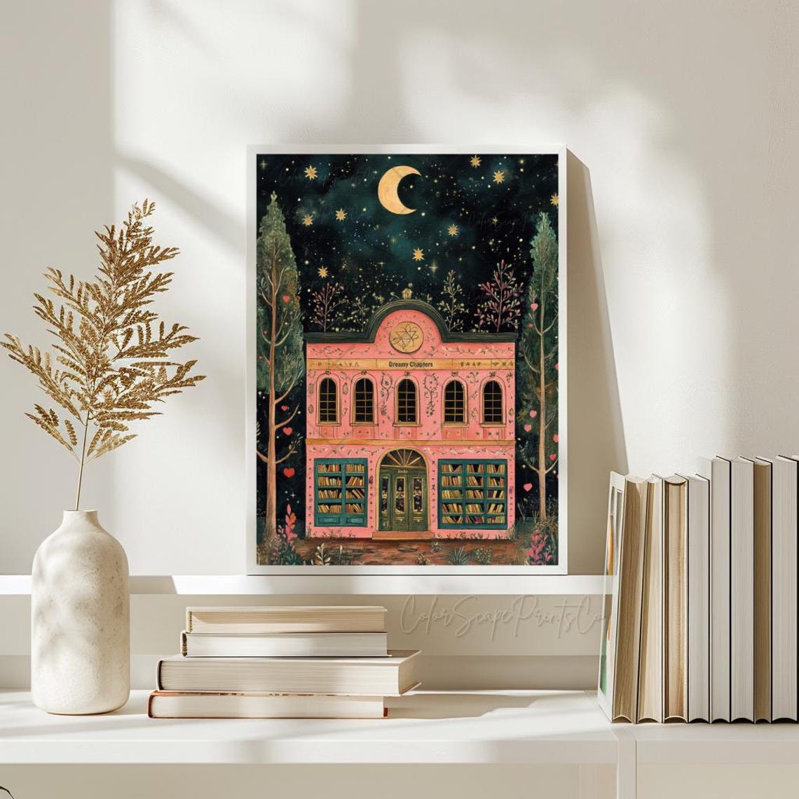 Dreamy Chapters Pink Bookshop Under Crescent Moon Night Poster - Image 2