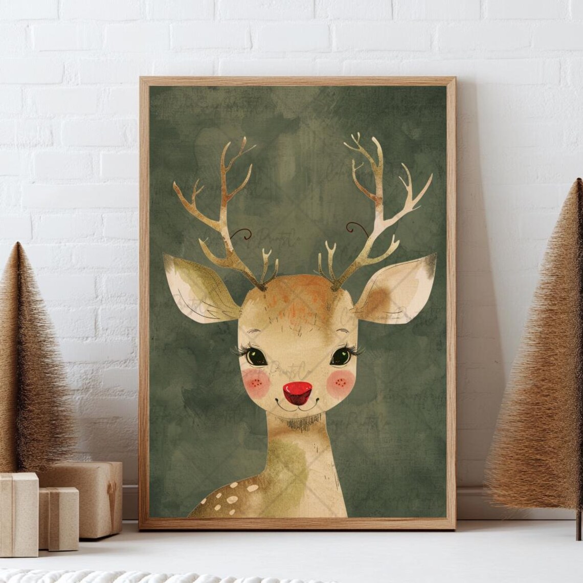 Cute Red Nose Reindeer Whimsical Portrait Dark Green Woodland Poster - Image 4