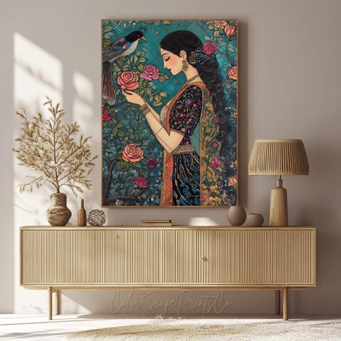 Traditional Indian Woman In Garden Art Print - Image 4