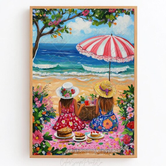 Summer Beach Picnic Poster Girls Ocean Coastal Scene Wall Decor