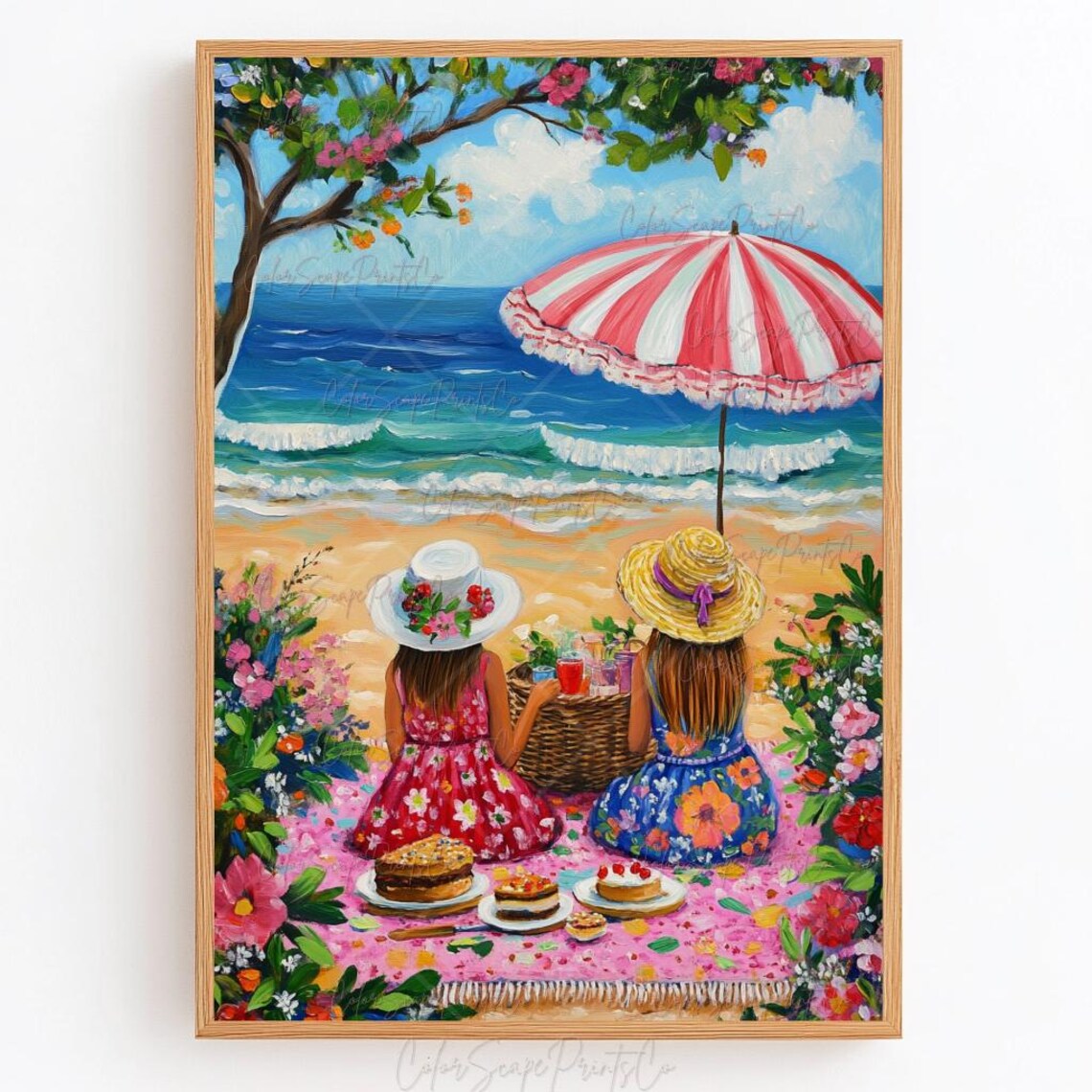 Summer Beach Picnic Poster Girls Ocean Coastal Scene Wall Decor