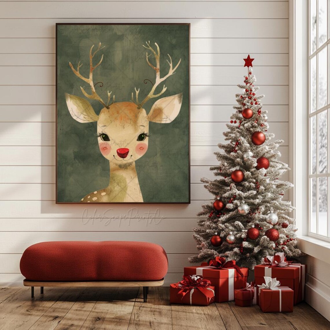 Cute Red Nose Reindeer Whimsical Portrait Dark Green Woodland Poster - Image 3