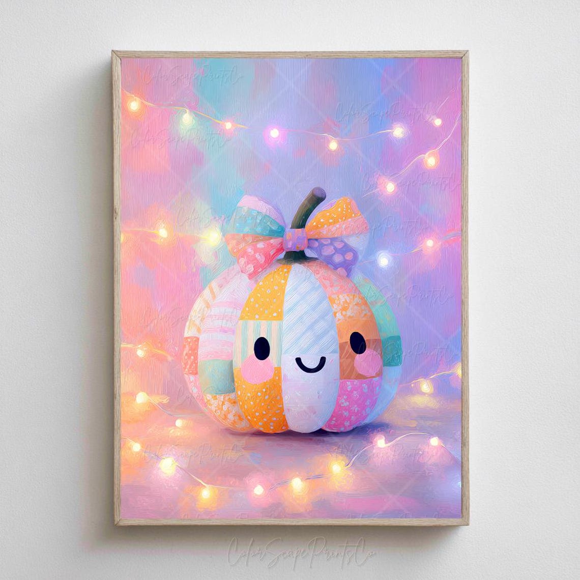 Smiling Patchwork Pumpkin With Coquette Bow Pastel Halloween Poster
