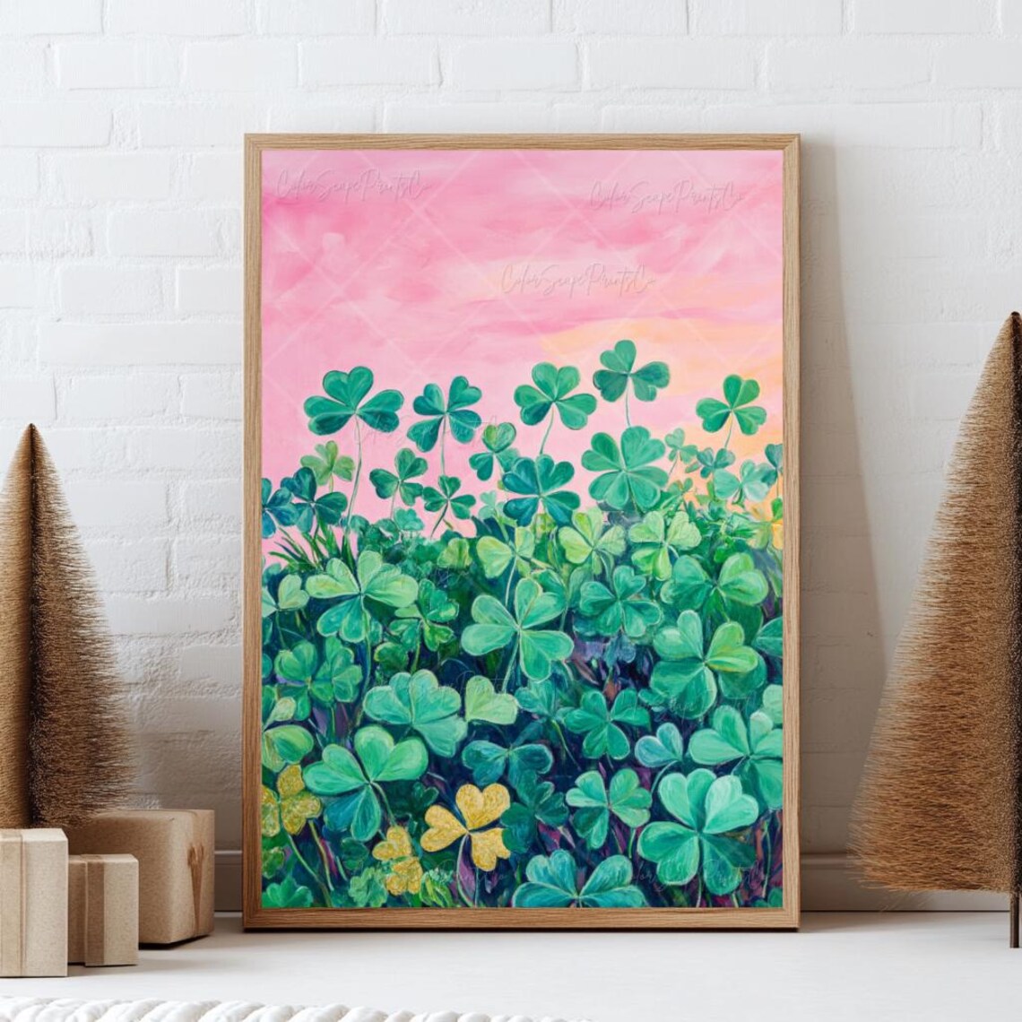 Shamrock Clover Field Painting Pink Sky Gold Lucky Green Wall Art - Image 4
