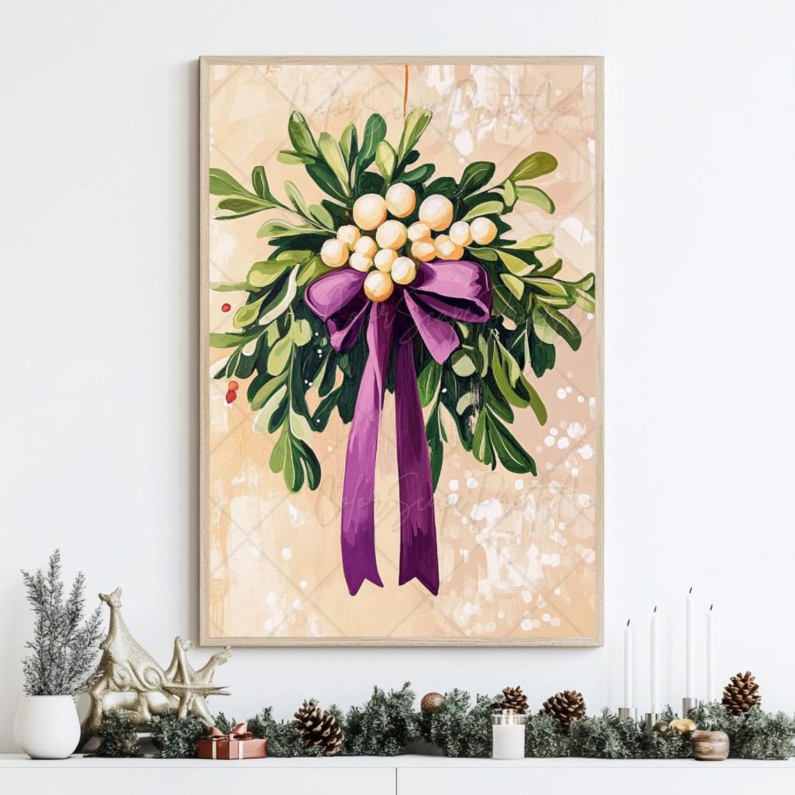 White Berry Holiday Spray with Purple Bow Botanical Winter Art Poster - Image 2