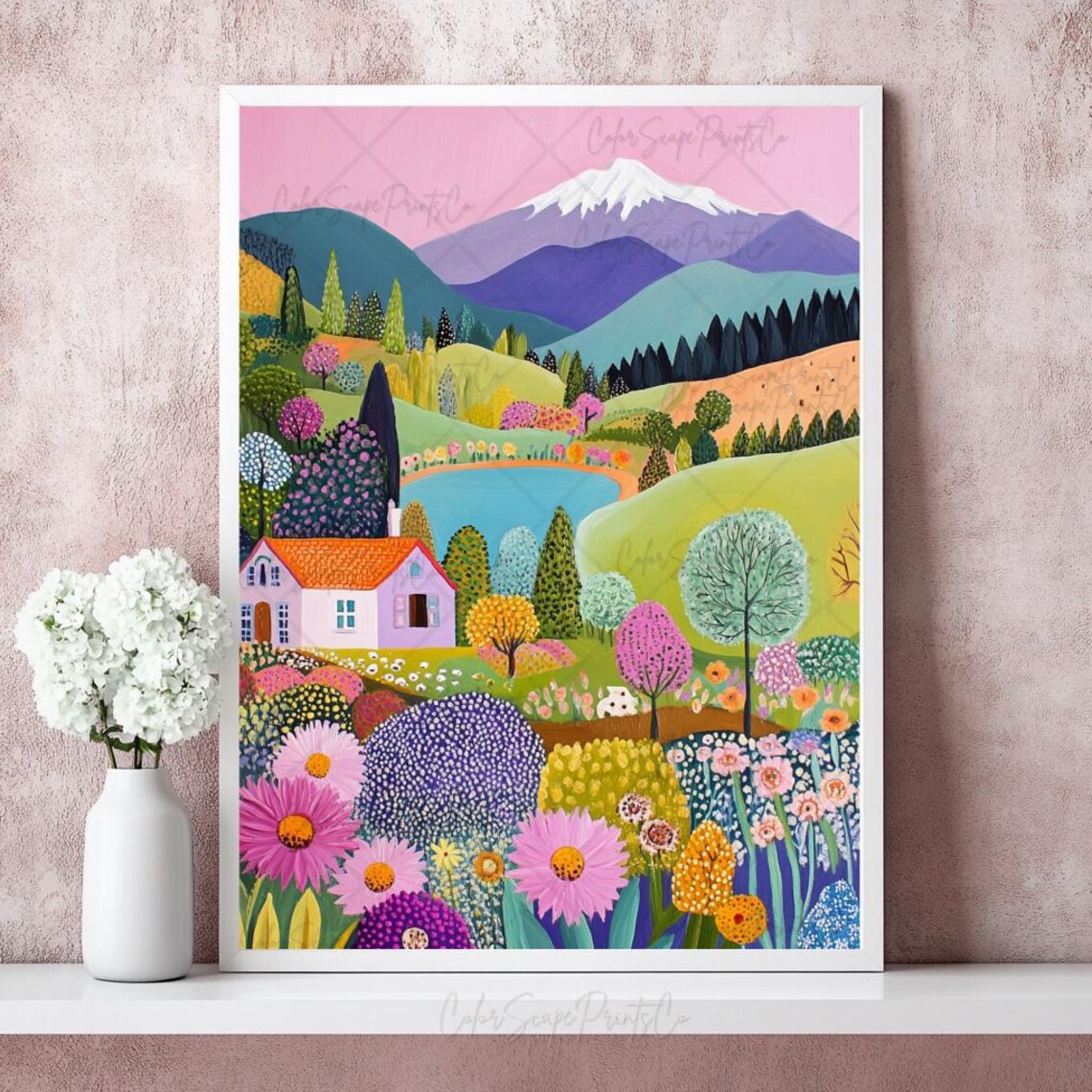 Folk Art Cottage Valley With Lake Wildflowers Mountains Poster - Image 2