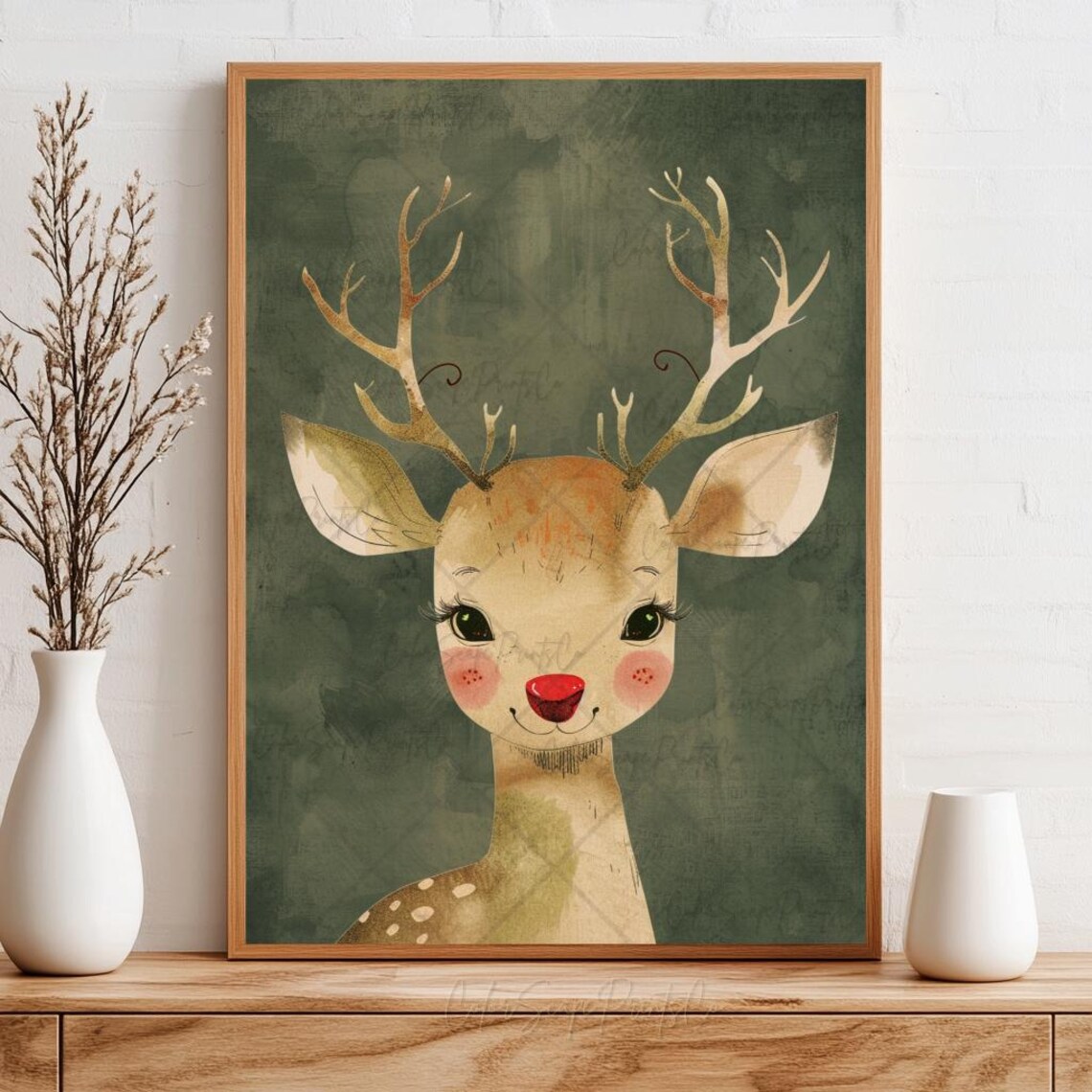Cute Red Nose Reindeer Whimsical Portrait Dark Green Woodland Poster - Image 2