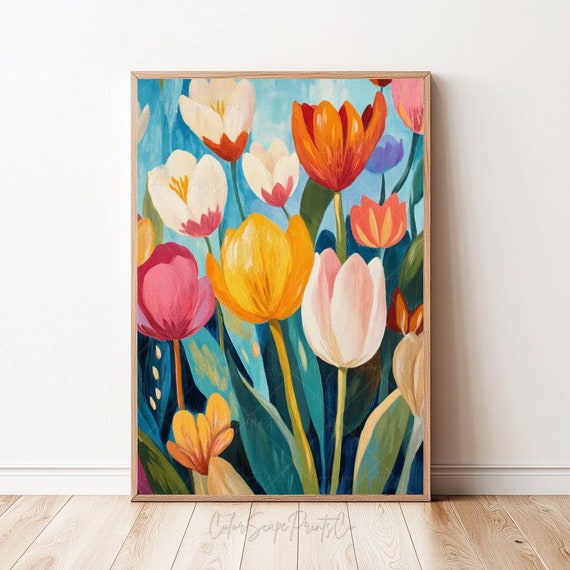 Tulip Field Spring Flowers Art Print, Cottagecore