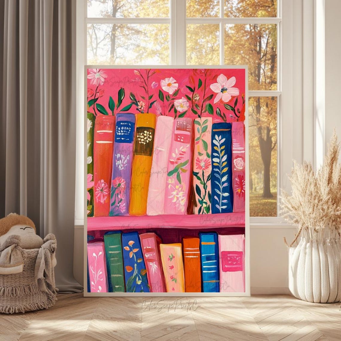 Pink Floral Bookshelf Painting Colorful Botanical Books Wall Art - Image 3