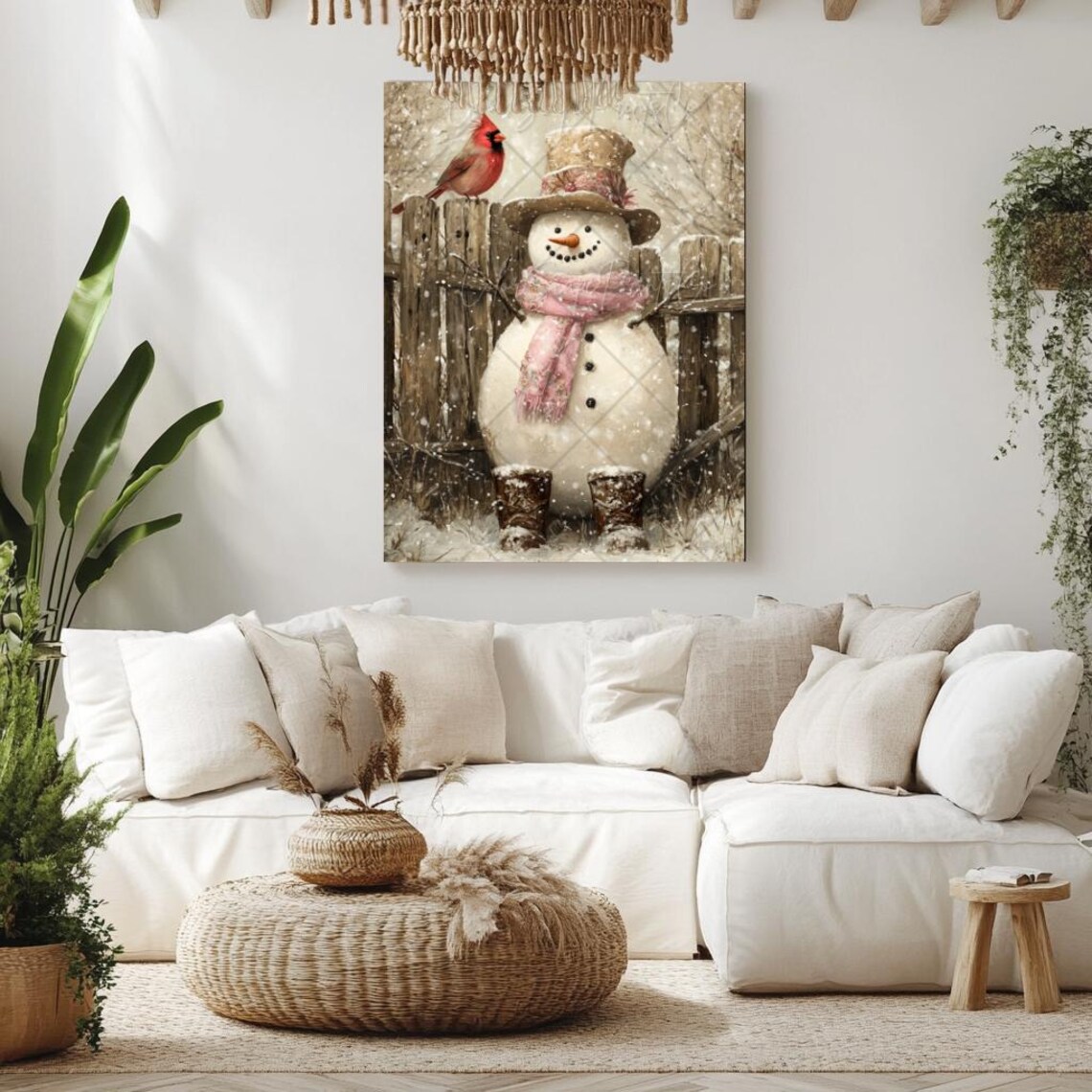 Vintage Snowman in Top Hat with Pink Scarf and Red Cardinal Poster - Image 2