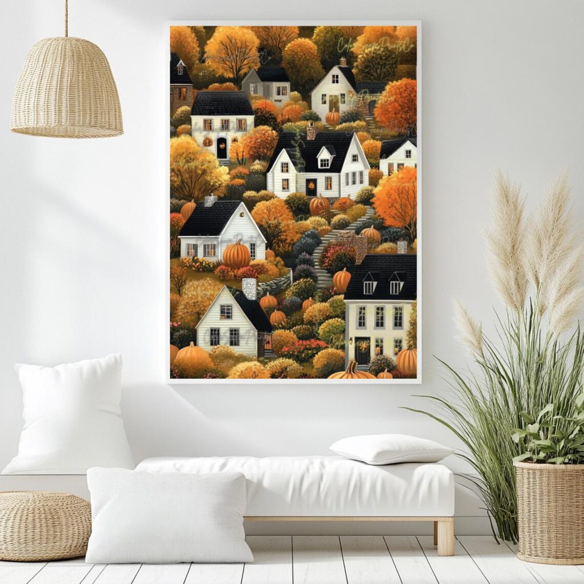Fall Village Folk Art Print, Autumn Cottage Poster - Image 4