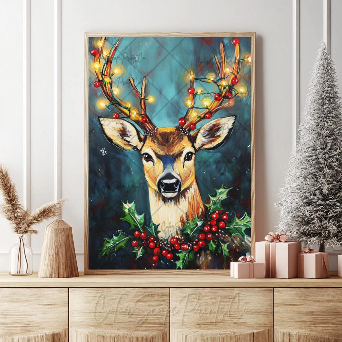 Festive Reindeer Wrapped in Twinkling Christmas Lights Holiday Poster - Image 3