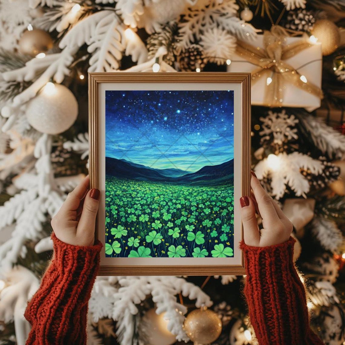 Glowing Clover Field Beneath Starry Midnight Sky Irish Art Poster - Image 3