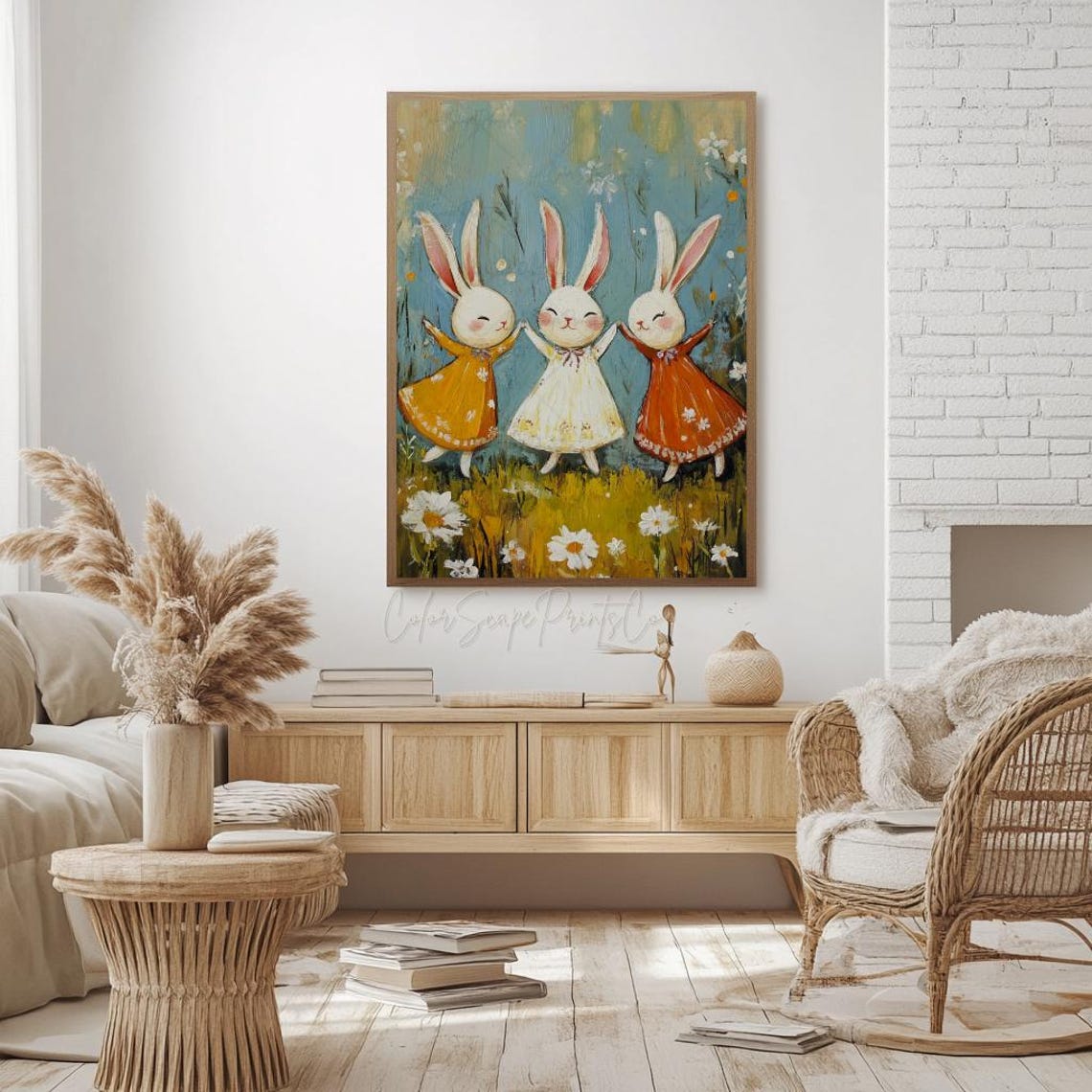 Dancing Bunny Trio Daisy Meadow Whimsical Rabbit Nursery Art Poster - Image 4