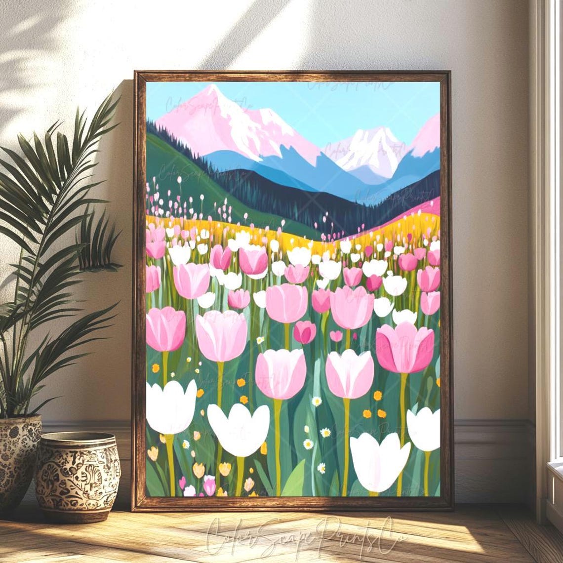 Pink Tulip Field Mountain Landscape Colorful Spring Flower Poster