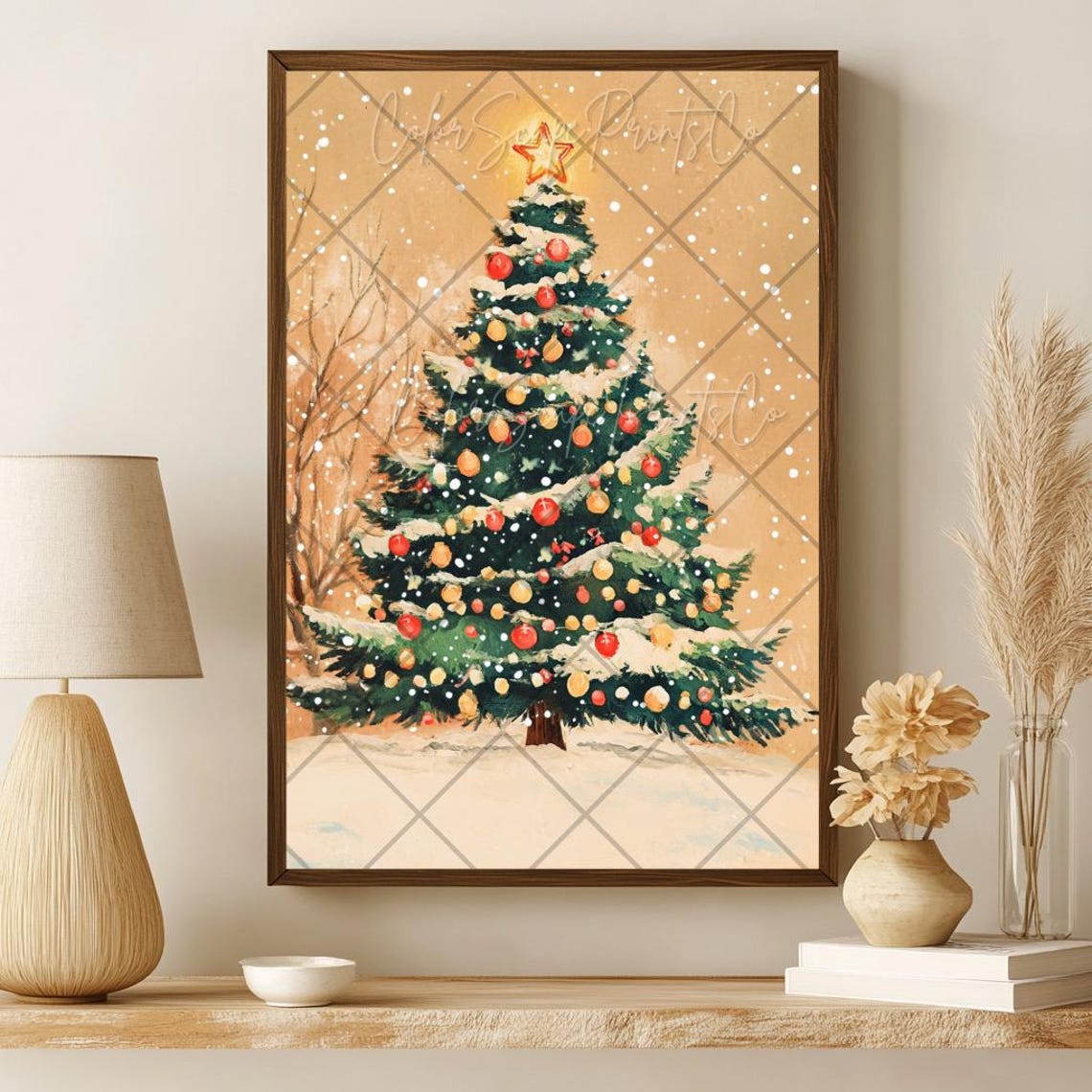 Snowy Christmas Tree with Red and Gold Ornaments Warm Beige Poster - Image 4