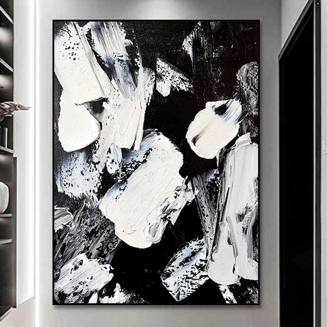 Black White Heavy Brushstroke Blobs Expressive Abstract Poster