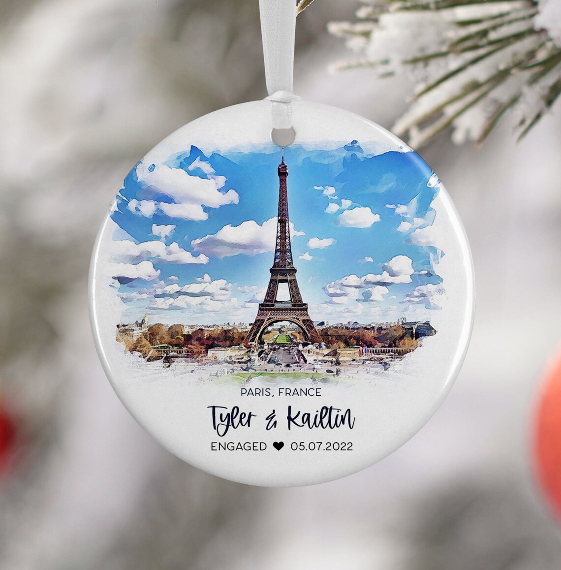 Paris Engagement Ornament, Eiffel Tower Travel Poster
