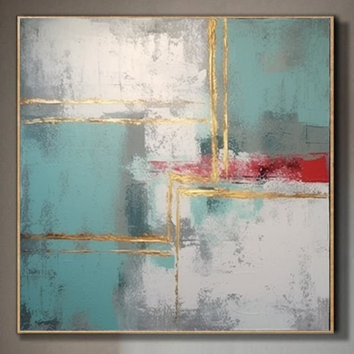 Geometric Teal White Abstract With Gold Lines And Red Band Poster