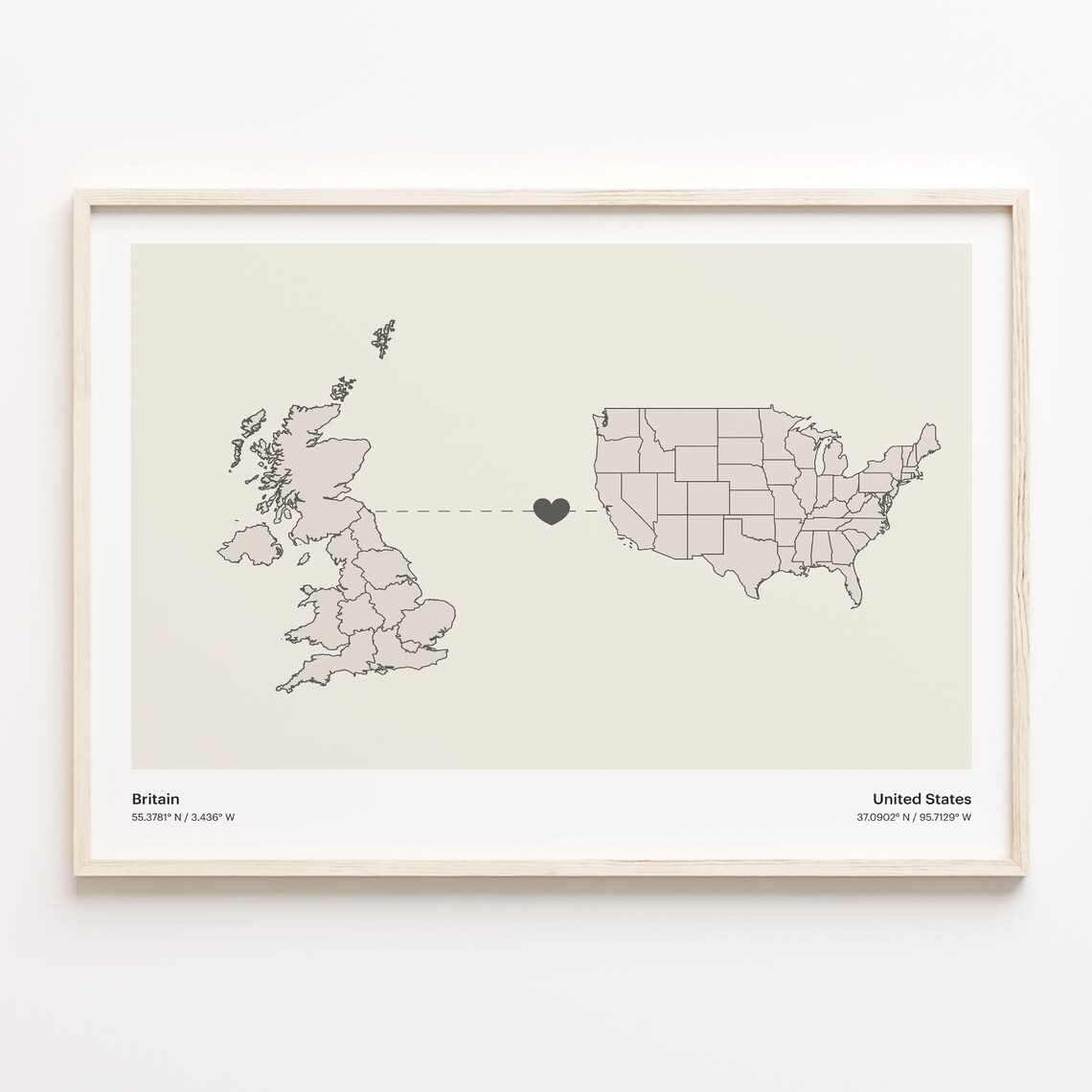Britain To United States Minimalist Country Heart Connection Map Poster