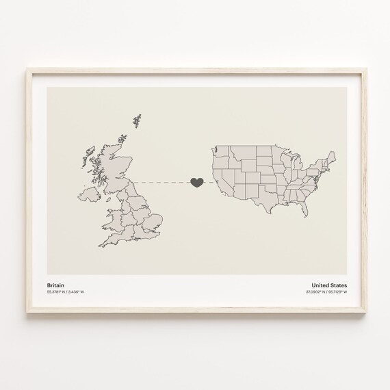 Britain To United States Minimalist Country Heart Connection Map Poster