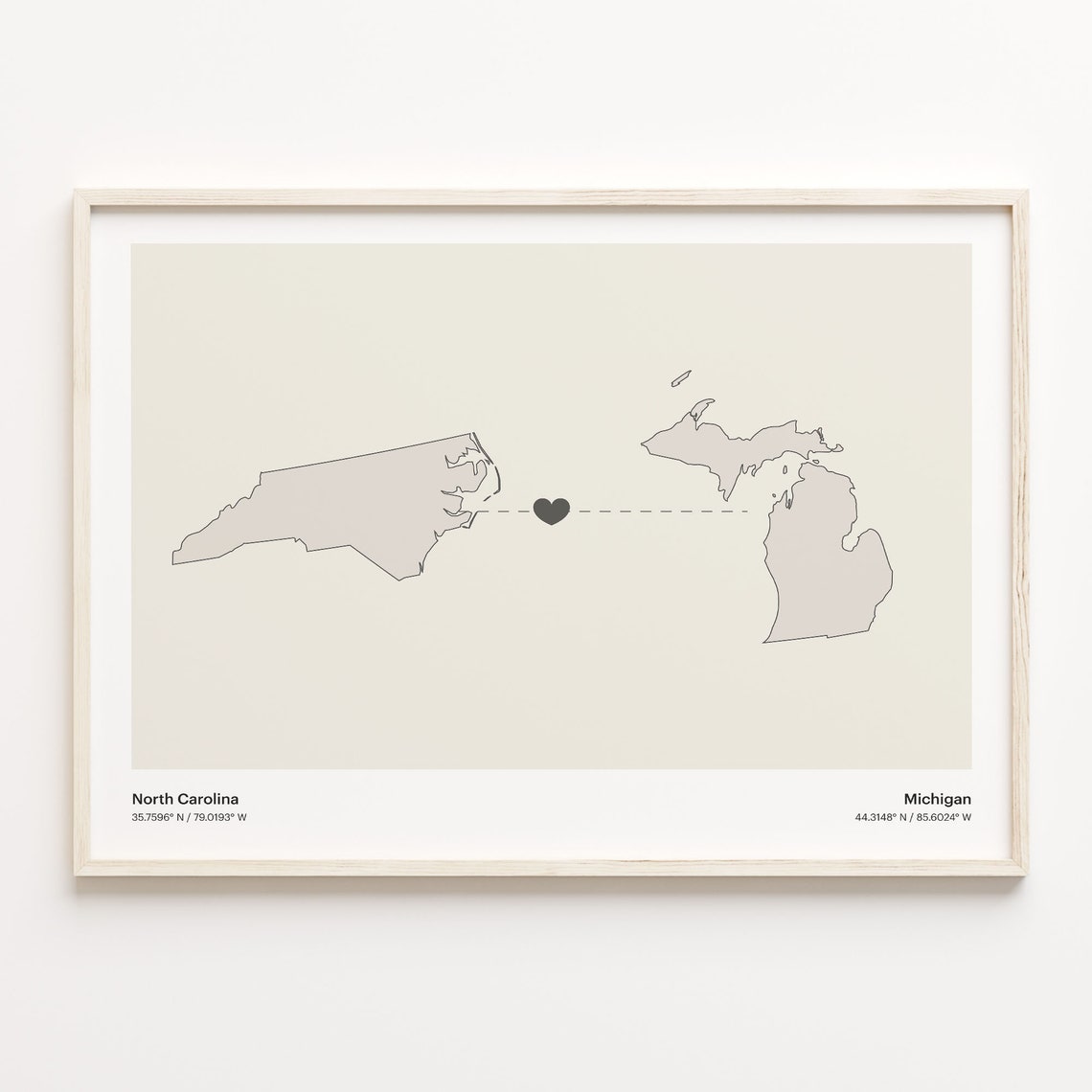 North Carolina To Michigan Minimalist State Connection Map Poster