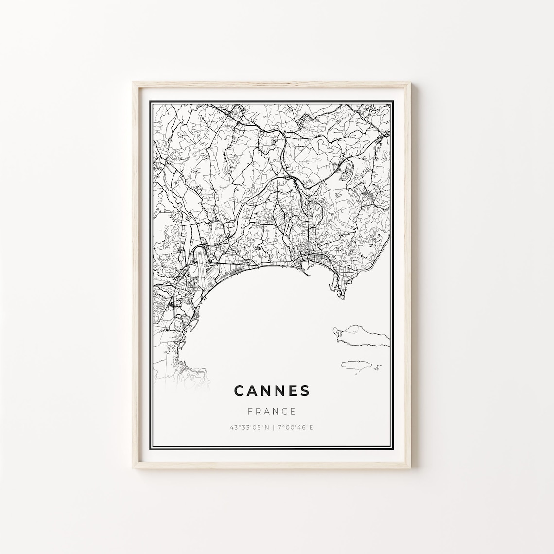 Cannes France Riviera Bay Black and White Modern Minimalist City Map Poster