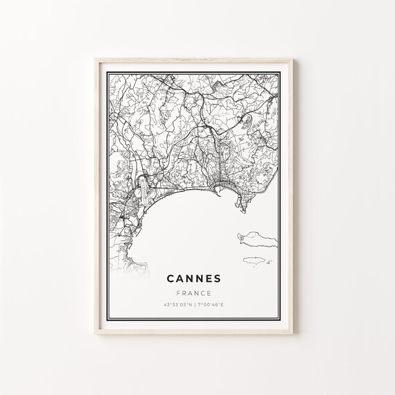 Cannes France Riviera Bay Black and White Modern Minimalist City Map Poster