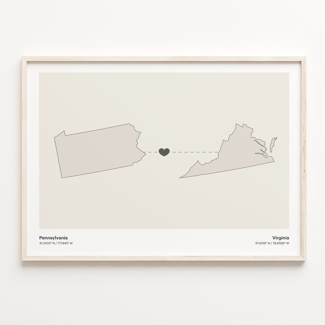 Pennsylvania To Virginia Long Distance Heart Map Gift Poster