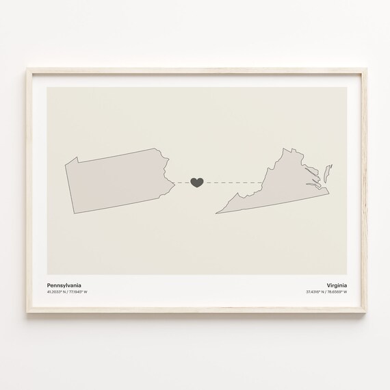 Pennsylvania To Virginia Long Distance Heart Map Gift Poster