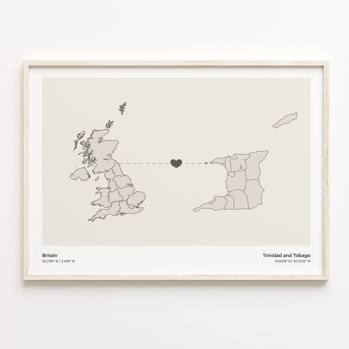 Britain To Trinidad and Tobago Minimalist Country Heart Connection Map Poster