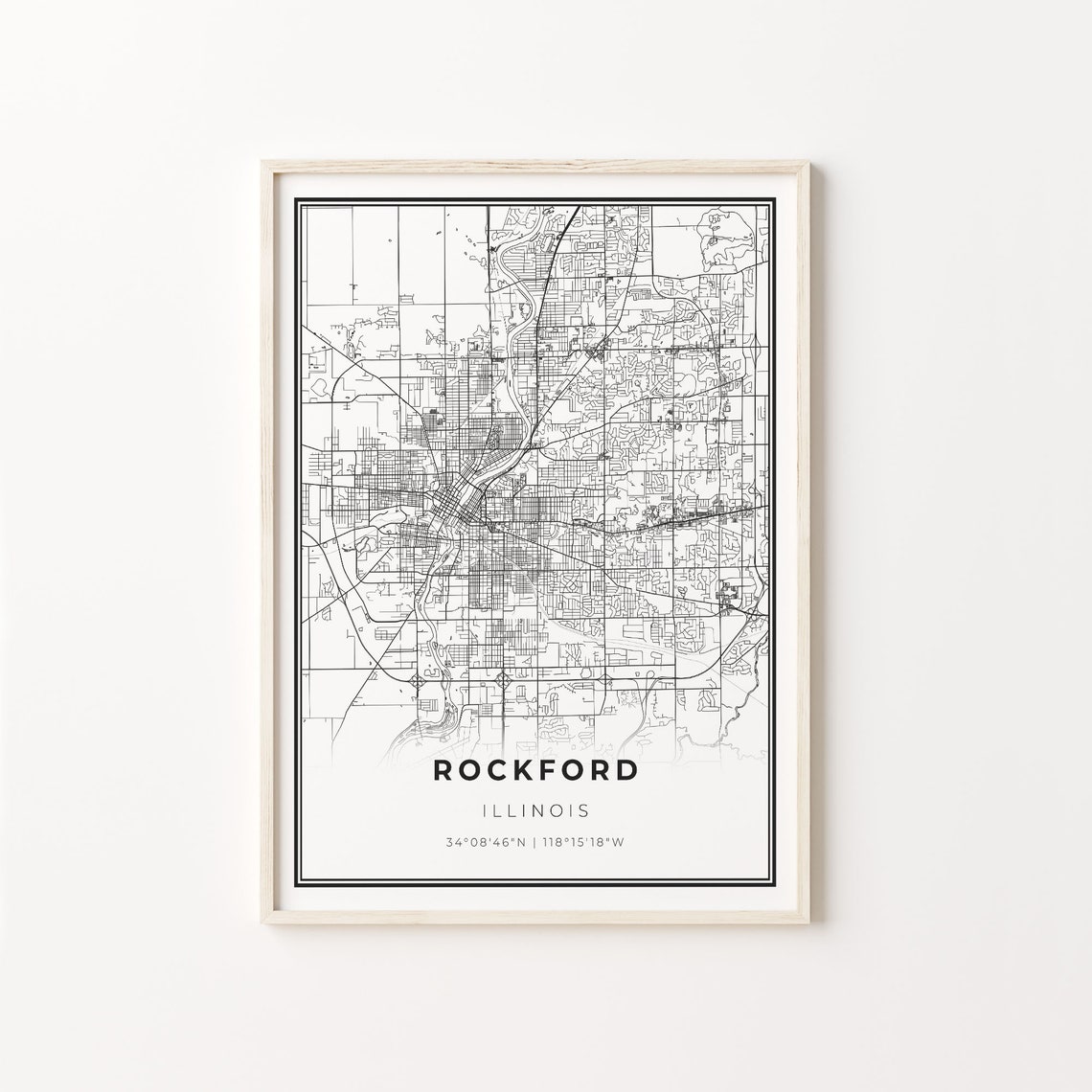 Rockford Illinois Minimalist Modern Black And White City Map Poster