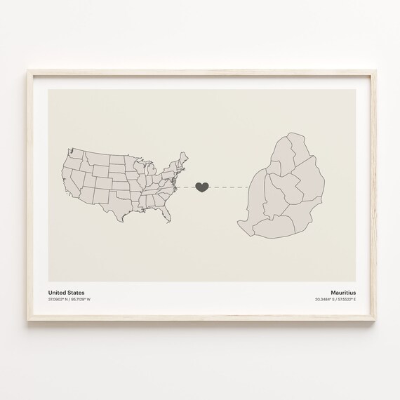 United States to Mauritius Minimalist Heart Map Connection Poster