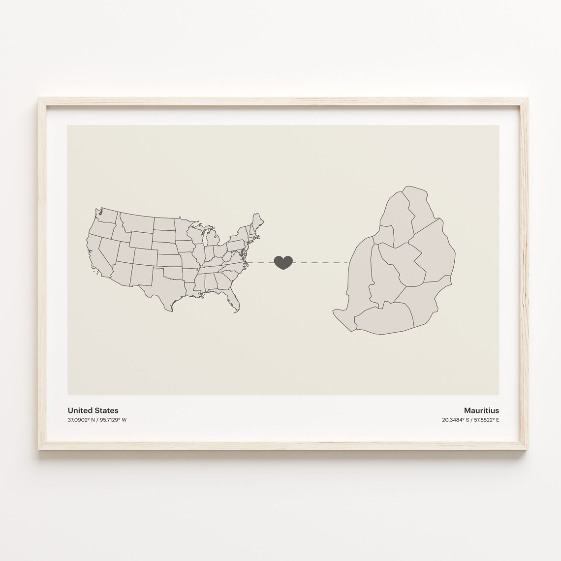United States to Mauritius Minimalist Heart Map Connection Poster