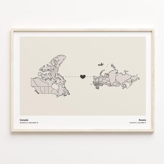 Canada To Russia Soft Beige Heart Connection Minimalist Map Poster